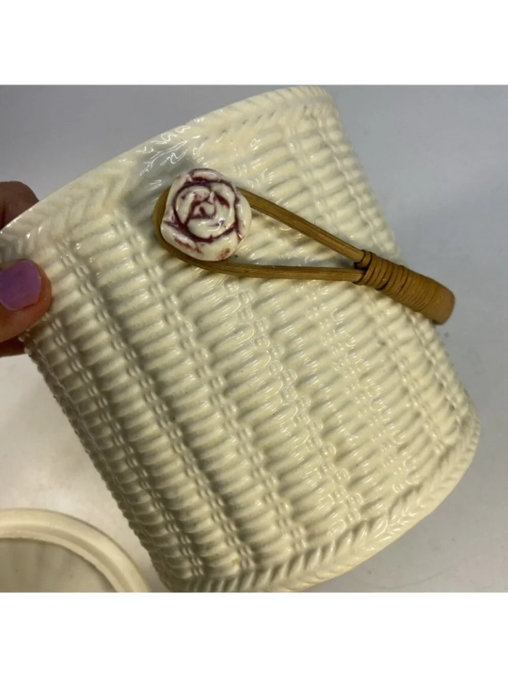 Vintage Biscuit Jar Basket Weave Wicker Handle Made In Japan 40s Flower Top Side